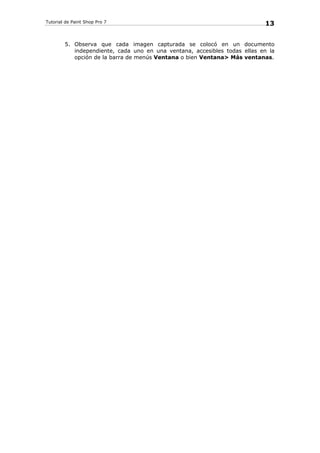 Tutorial de Paint Shop Pro 7
13
5. Observa que cada imagen capturada se colocó en un documento
independiente, cada uno en una ventana, accesibles todas ellas en la
opción de la barra de menús Ventana o bien Ventana> Más ventanas.
 