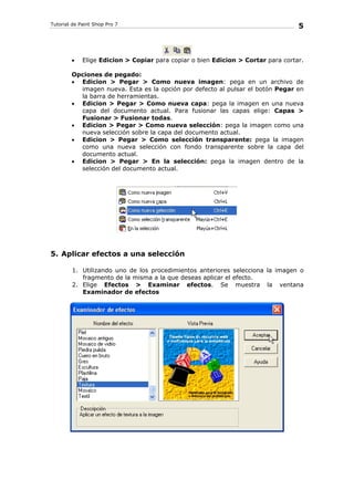 Tutorial de Paint Shop Pro 7
5
• Elige Edicion > Copiar para copiar o bien Edicion > Cortar para cortar.
Opciones de pegado:
• Edicion > Pegar > Como nueva imagen: pega en un archivo de
imagen nueva. Esta es la opción por defecto al pulsar el botón Pegar en
la barra de herramientas.
• Edicion > Pegar > Como nueva capa: pega la imagen en una nueva
capa del documento actual. Para fusionar las capas elige: Capas >
Fusionar > Fusionar todas.
• Edicion > Pegar > Como nueva selección: pega la imagen como una
nueva selección sobre la capa del documento actual.
• Edicion > Pegar > Como selección transparente: pega la imagen
como una nueva selección con fondo transparente sobre la capa del
documento actual.
• Edicion > Pegar > En la selección: pega la imagen dentro de la
selección del documento actual.
5. Aplicar efectos a una selección
1. Utilizando uno de los procedimientos anteriores selecciona la imagen o
fragmento de la misma a la que deseas aplicar el efecto.
2. Elige Efectos > Examinar efectos. Se muestra la ventana
Examinador de efectos
 
