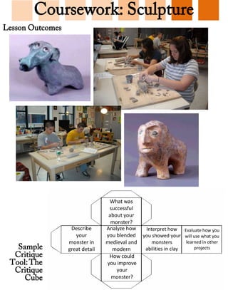 Coursework: Sculpture
Lesson Outcomes




                                  What was
                                  successful
                                  about your
                                   monster?
                   Describe      Analyze how     Interpret how Evaluate how you
                     your        you blended    you showed your will use what you
                  monster in     medieval and      monsters        learned in other
   Sample         great detail     modern        abilities in clay     projects
  Critique                        How could
 Tool: The                       you improve
  Critique                           your
     Cube                          monster?
 
