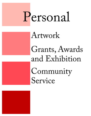 Personal
 Artwork
 Grants, Awards
 and Exhibition
 Community
 Service
 