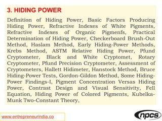 www.entrepreneurindia.co
3. HIDING POWER
Definition of Hiding Power, Basic Factors Producing
Hiding Power, Refractive Indexes of White Pigments,
Refractive Indexes of Organic Pigmenfs, Practical
Determination of Hiding Power, Checkerboard Brush-Out
Method, Haslam Method, Early Hiding-Power Methods,
Krebs Method, ASTM Relative Hiding Power, Pfund
Cryptometer, Black and White Cryptomet, Rotary
Cryptometer, Pfund Precision Cryptometer, Assessment of
Cryptometers, Hallett Hidimeter, Hanstock Method, Bruce
Hiding-Power Tests, Gordon-Gildon Method, Some Hiding-
Power Findings-I, Pigment Concentration Versas Hiding
Power, Contrast Design and Visual Sensitivity, Fell
Equation, Hiding Power of Colored Pigments, Kubelka-
Munk Two-Constant Theory,
 
