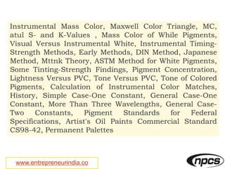www.entrepreneurindia.co
Instrumental Mass Color, Maxwell Color Triangle, MC,
atul S- and K-Values , Mass Color of While Pigments,
Visual Versus Instrumental White, Instrumental Timing-
Strength Methods, Early Methods, DIN Method, Japanese
Method, Mttnk Theory, ASTM Method for White Pigments,
Some Tinting-Strength Findings, Pigment Concentration,
Lightness Versus PVC, Tone Versus PVC, Tone of Colored
Pigments, Calculation of Instrumental Color Matches,
History, Simple Case-One Constant, General Case-One
Constant, More Than Three Wavelengths, General Case-
Two Constants, Pigment Standards for Federal
Specifications, Artist's Oil Paints Commercial Standard
CS98-42, Permanent Palettes
 