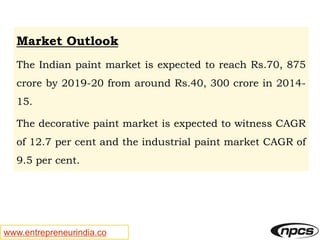 www.entrepreneurindia.co
Market Outlook
The Indian paint market is expected to reach Rs.70, 875
crore by 2019-20 from around Rs.40, 300 crore in 2014-
15.
The decorative paint market is expected to witness CAGR
of 12.7 per cent and the industrial paint market CAGR of
9.5 per cent.
 