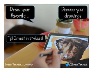 Draw your
favorite …
SHELLYTERRELL.COM/IPAD @SHELLTERRELL
Tip! Invest in styluses!
Discuss your
drawings
 