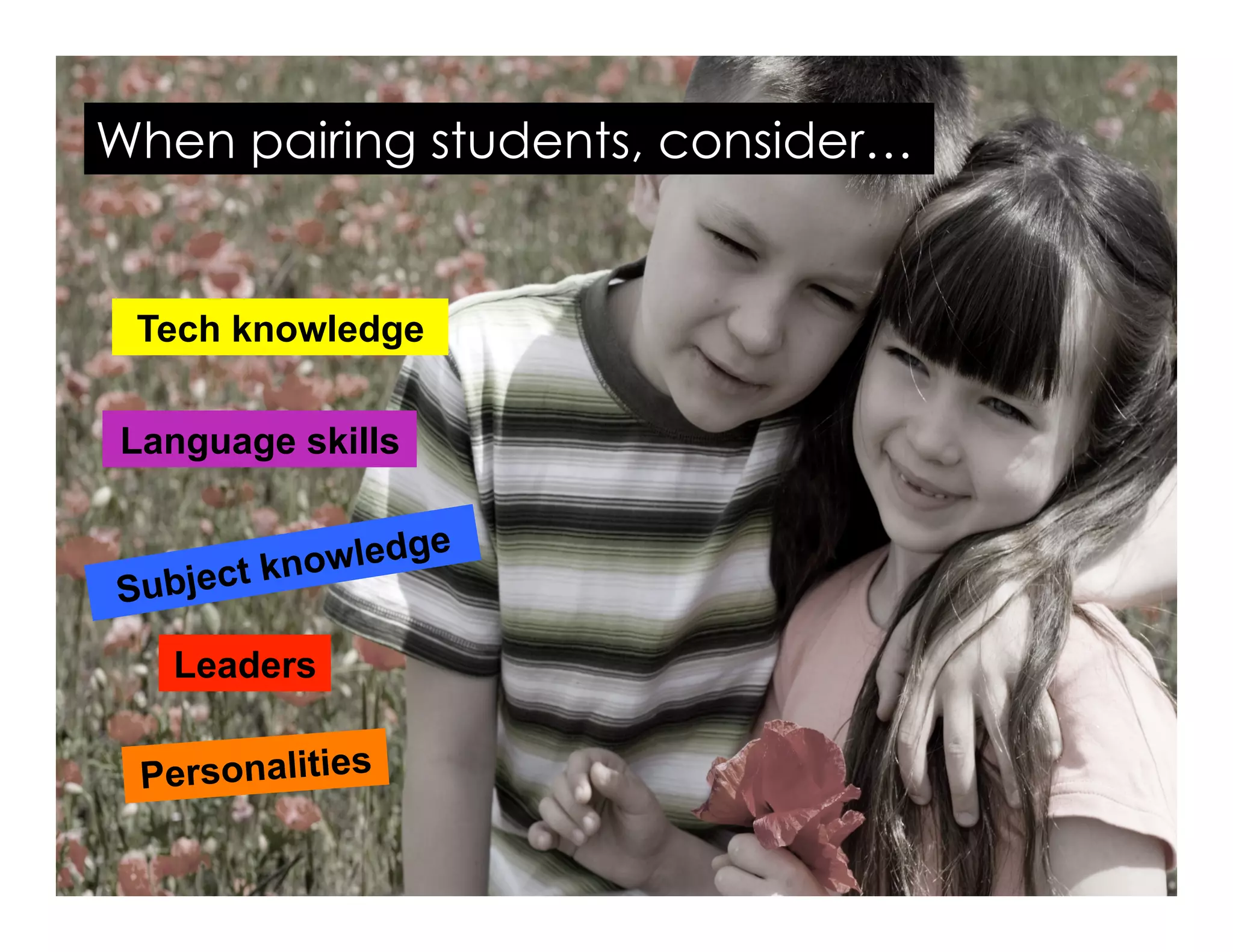 Personalities
Leaders
Tech knowledge
Subject knowledge
When pairing students, consider…
Language skills
 