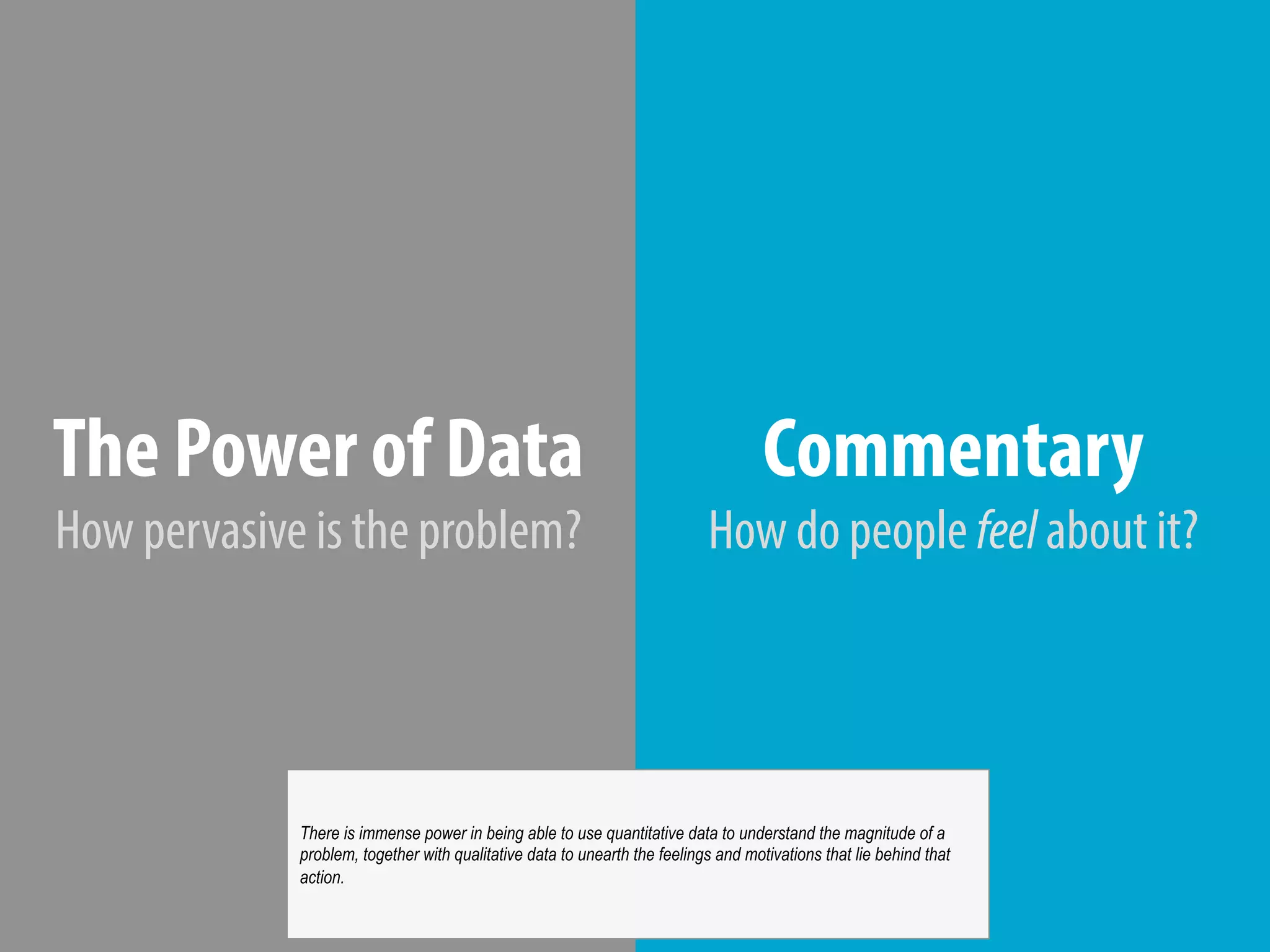 @michelejkiss
The Power of Data
How pervasive is the problem?
Commentary
How do people feel about it?
There is immense power in being able to use quantitative data to understand the magnitude of a
problem, together with qualitative data to unearth the feelings and motivations that lie behind that
action.
 