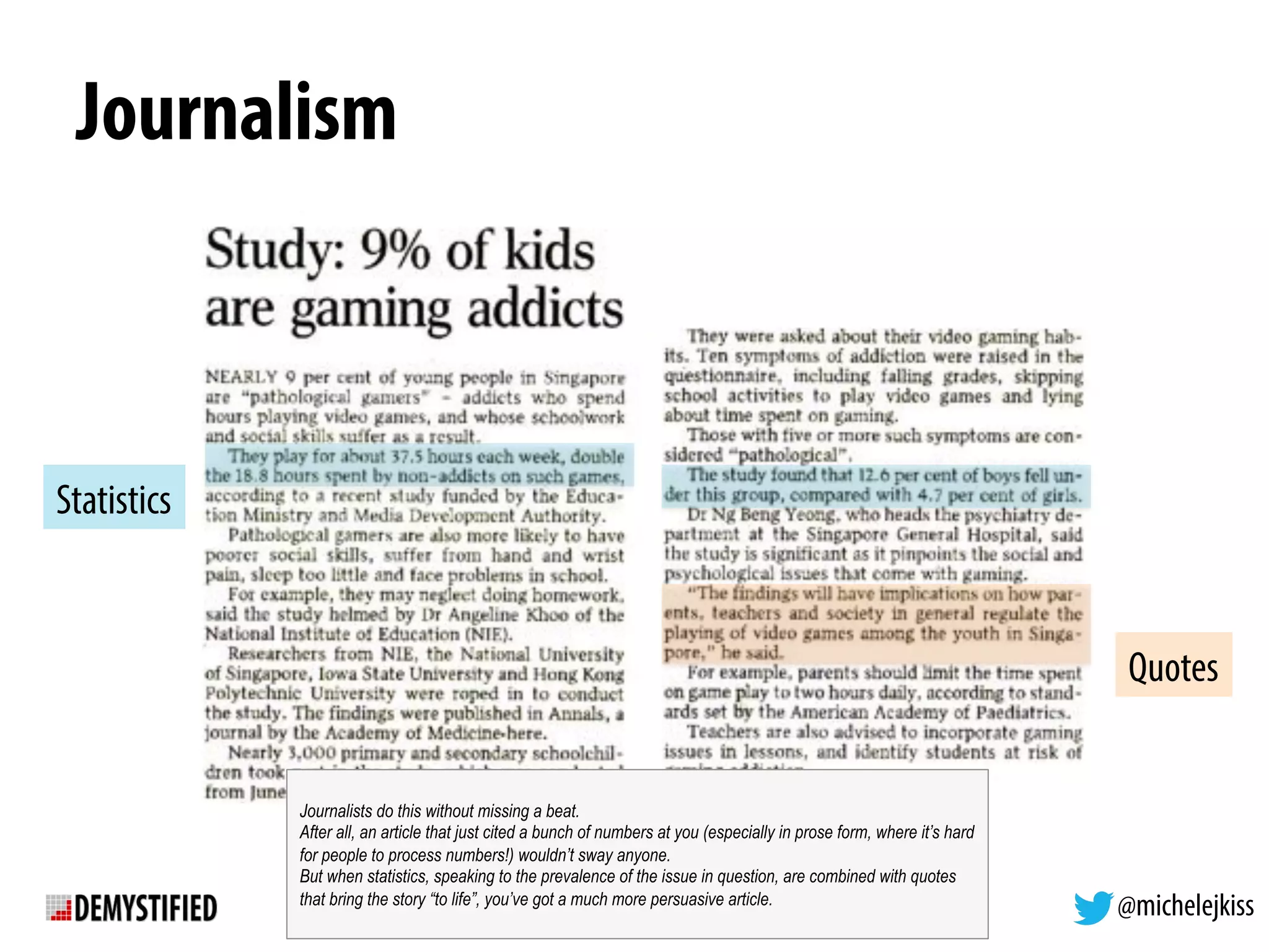 @michelejkiss
Journalism
Statistics
Quotes
Journalists do this without missing a beat.
After all, an article that just cited a bunch of numbers at you (especially in prose form, where it’s hard
for people to process numbers!) wouldn’t sway anyone.
But when statistics, speaking to the prevalence of the issue in question, are combined with quotes
that bring the story “to life”, you’ve got a much more persuasive article.
 