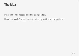 The idea 
Merge the UIProcess and the compositor. 
Have the WebProcess interact directly with the compositor. 
12/20 
 