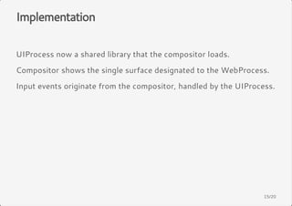 Implementation 
UIProcess now a shared library that the compositor loads. 
Compositor shows the single surface designated to the WebProcess. 
Input events originate from the compositor, handled by the UIProcess. 
15/20 
 