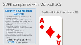 Security & Compliance
Controls
• The most secure and up-to-date version of
Office & Windows
• Threat Protection (Virus, Malware) for Emails
• Malware and Spyware Detection and Removal
• Virus Detection and Removal, Boot Time
Protection
• Data Always encrypted on devices
• 2 Factor authentication needed to access data
on PC/Mobile.
• Protect data on Mobile Devices
(Copy/Paste/Save operations)
• Benchmark your controls with Secure Score
• Gain visibility with the Security & Compliance
Center
Small to mid-size businesses for up to 300
Microsoft 365 Business
£15.10 per user/per month
 