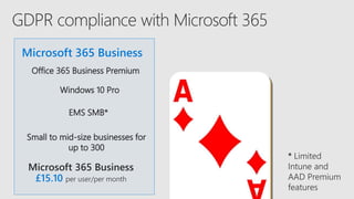 Microsoft 365 Business
Office 365 Business Premium
Microsoft 365 Business
£15.10 per user/per month
Windows 10 Pro
EMS SMB*
Small to mid-size businesses for
up to 300
* Limited
Intune and
AAD Premium
features
 