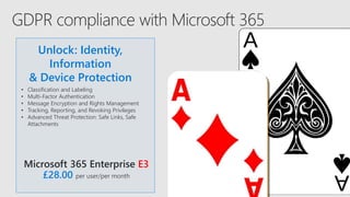 Microsoft 365 Enterprise E3
£28.00 per user/per month
Unlock: Identity,
Information
& Device Protection
• Classification and Labeling
• Multi-Factor Authentication
• Message Encryption and Rights Management
• Tracking, Reporting, and Revoking Privileges
• Advanced Threat Protection: Safe Links, Safe
Attachments
 