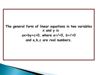 From the table, we can observe that if the lines
represented by the equation -
a1x + b1y + c1 = 0
a2x + b2y + c2 = 0
are I...