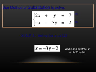 STEP 1:  Solve for  x  in (2) Use Method of  Substitution  to solve:  (1) (2) add x and subtract 2 on both sides 