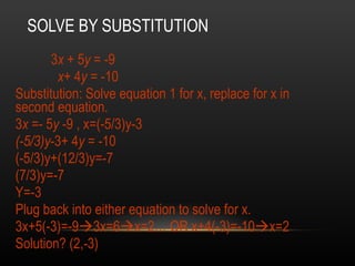 SOLVE BY SUBSTITUTION 3 x  + 5 y  = -9    x + 4 y  = -10  Substitution: Solve equation 1 for x, replace for x in second equation. 3 x  =- 5 y  -9 , x=(-5/3)y-3 (-5/3)y -3+ 4 y  = -10 (-5/3)y+(12/3)y=-7 (7/3)y=-7 Y=-3 Plug back into either equation to solve for x. 3x+5(-3)=-9  3x=6  x=2… OR x+4(-3)=-10  x=2 Solution? (2,-3)  