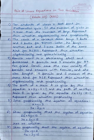 Grade 10 - CBSE - Pair of Linear Equations in Two Variables - Worksheet ...