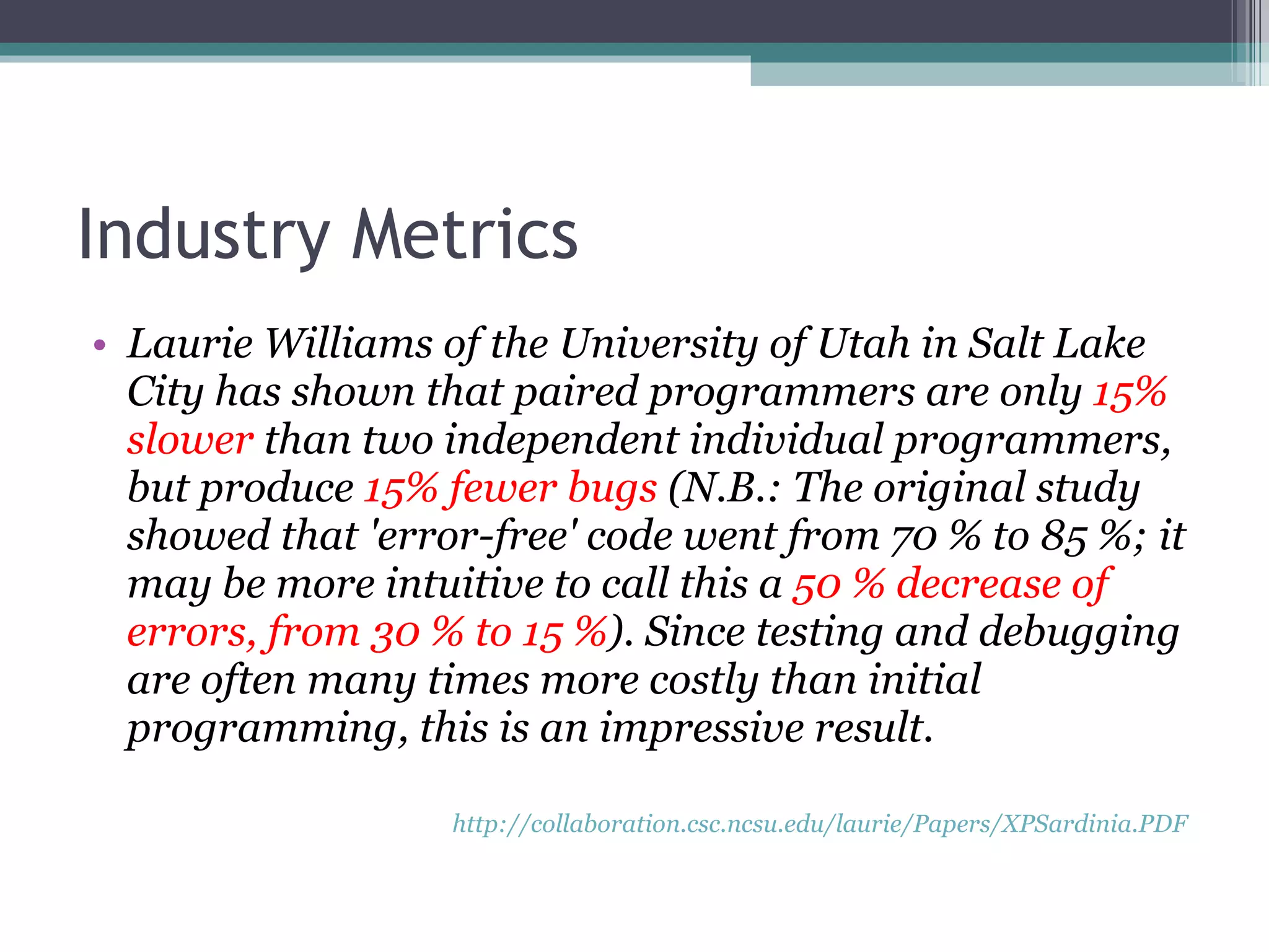 Industry Metrics Laurie Williams of the University of Utah in Salt Lake City has shown that paired programmers are only  15% slower  than two independent individual programmers, but produce  15% fewer bugs  (N.B.: The original study showed that 'error-free' code went from 70 % to 85 %; it may be more intuitive to call this a  50 % decrease of errors, from 30 % to 15 % ). Since testing and debugging are often many times more costly than initial programming, this is an impressive result.  http://collaboration.csc.ncsu.edu/laurie/Papers/XPSardinia.PDF   