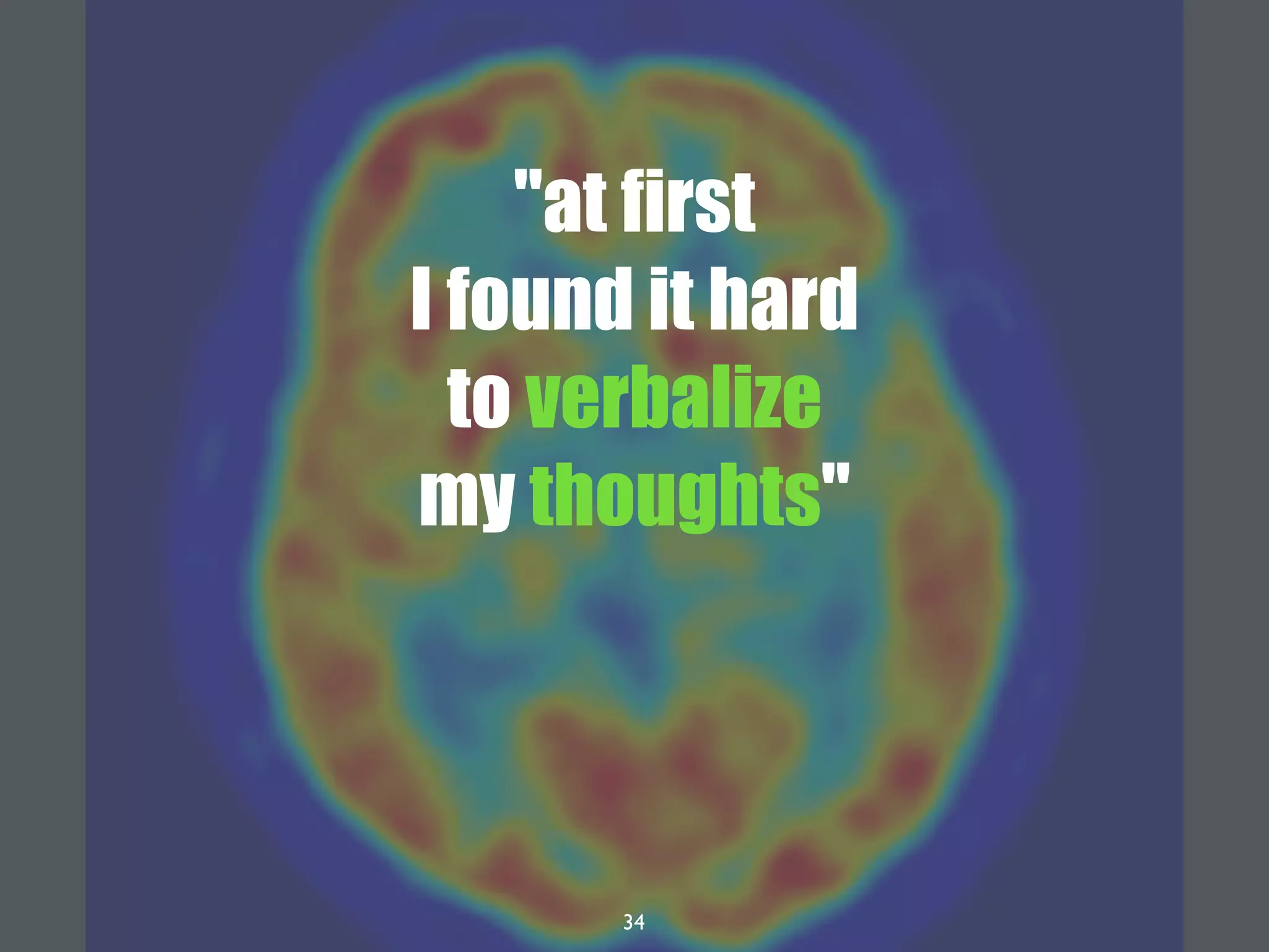 34
"at first
I found it hard
to verbalize
my thoughts"
 