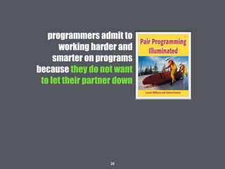 38
programmers admit to
working harder and
smarter on programs
because they do not want
to let their partner down
 