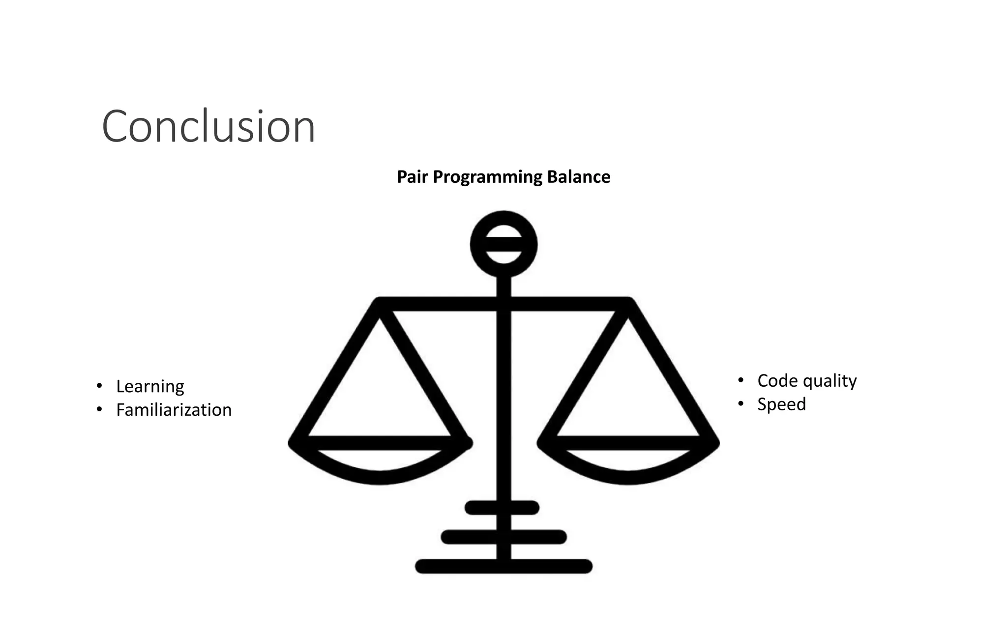 PAIR PROGRAMMING – A PRACTICAL GUIDE 12
• Code quality
• Speed
• Learning
• Familiarization
Pair Programming Balance
Conclusion
 