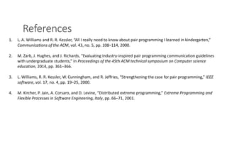 References
PAIR PROGRAMMING – A PRACTICAL GUIDE 13
1. L. A. Williams and R. R. Kessler, “All I really need to know about pair programming I learned in kindergarten,”
Communications of the ACM, vol. 43, no. 5, pp. 108–114, 2000.
2. M. Zarb, J. Hughes, and J. Richards, “Evaluating industry-inspired pair programming communication guidelines
with undergraduate students,” in Proceedings of the 45th ACM technical symposium on Computer science
education, 2014, pp. 361–366.
3. L. Williams, R. R. Kessler, W. Cunningham, and R. Jeffries, “Strengthening the case for pair programming,” IEEE
software, vol. 17, no. 4, pp. 19–25, 2000.
4. M. Kircher, P. Jain, A. Corsaro, and D. Levine, “Distributed extreme programming,” Extreme Programming and
Flexible Processes in Software Engineering, Italy, pp. 66–71, 2001.
 