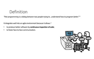 Definition
PAIR PROGRAMMING – A PRACTICAL GUIDE 3
“Pair programming isa dialog between two people trying to…understand how to program better.”4
Itintegrateswell intoanagileenvironment because itallows:1
• to produce better software by continuous inspection ofcode;
• to foster face-to-face communication.
 