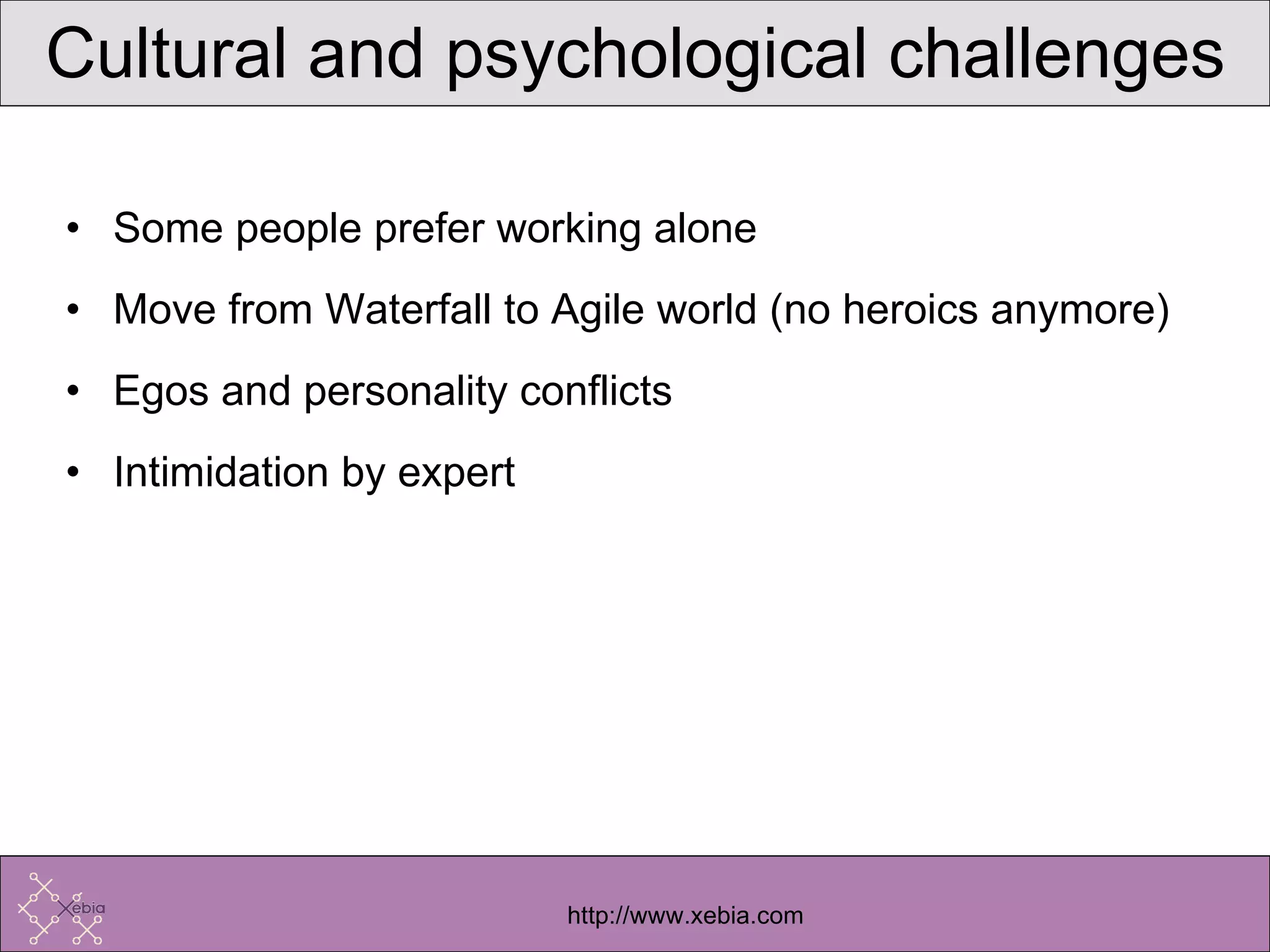 Cultural and psychological challenges Some people prefer working alone Move from Waterfall to Agile world (no heroics anymore) Egos and personality conflicts Intimidation by expert 