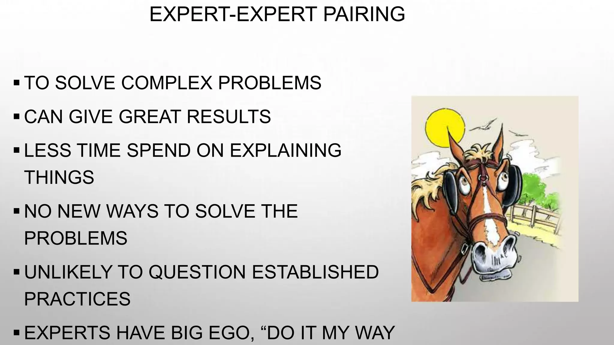 EXPERT-EXPERT PAIRING
 TO SOLVE COMPLEX PROBLEMS
 CAN GIVE GREAT RESULTS
 LESS TIME SPEND ON EXPLAINING
THINGS
 NO NEW WAYS TO SOLVE THE
PROBLEMS
 UNLIKELY TO QUESTION ESTABLISHED
PRACTICES
 EXPERTS HAVE BIG EGO, “DO IT MY WAY
 