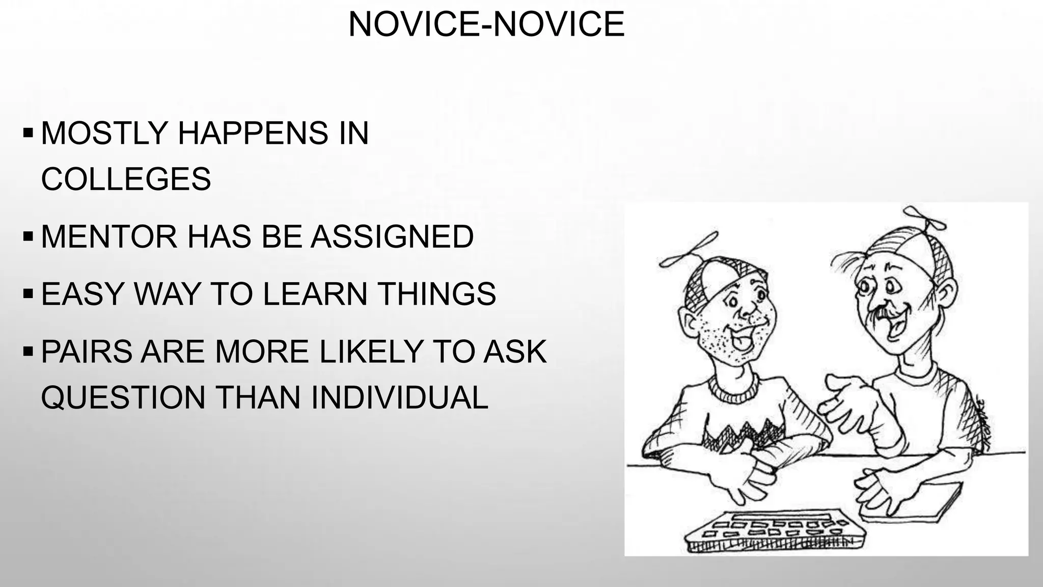 NOVICE-NOVICE
 MOSTLY HAPPENS IN
COLLEGES
 MENTOR HAS BE ASSIGNED
 EASY WAY TO LEARN THINGS
 PAIRS ARE MORE LIKELY TO ASK
QUESTION THAN INDIVIDUAL
 