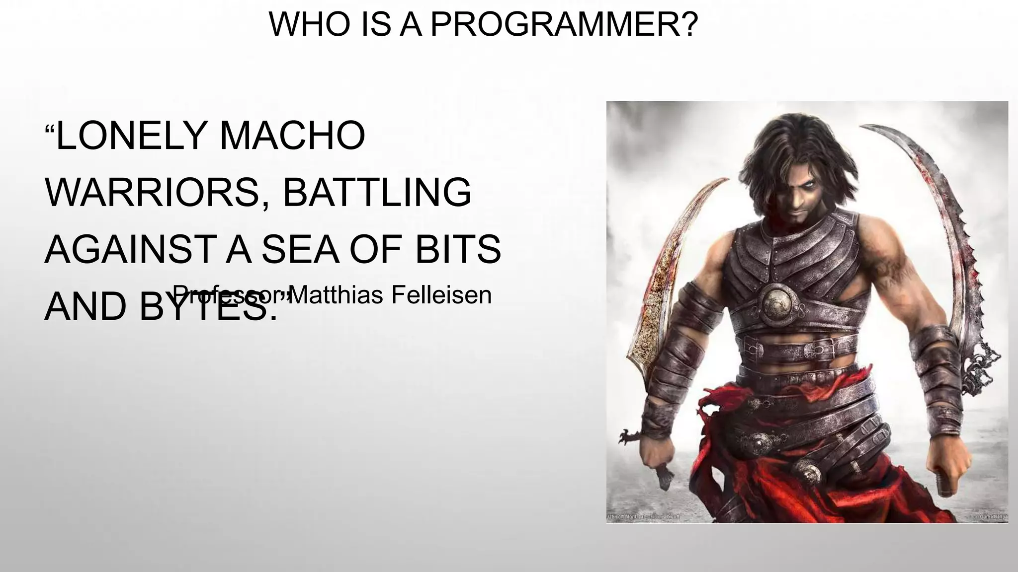 WHO IS A PROGRAMMER?
“LONELY MACHO
WARRIORS, BATTLING
AGAINST A SEA OF BITS
AND BYTES.”Professor Matthias Felleisen
 