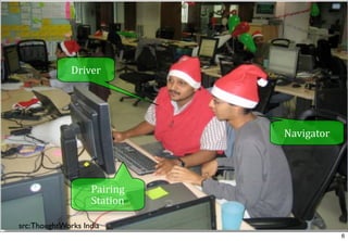 Driver




                                  Navigator




                    Pairing	
  
                    Station

src: ThoughtWorks India
                                              6
 