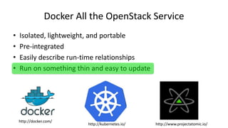 Docker All the OpenStack Service
• Isolated, lightweight, and portable
• Pre-integrated
• Easily describe run-time relationships
• Run on something thin and easy to update
http://www.projectatomic.io/
http://docker.com/
http://kubernetes.io/
 