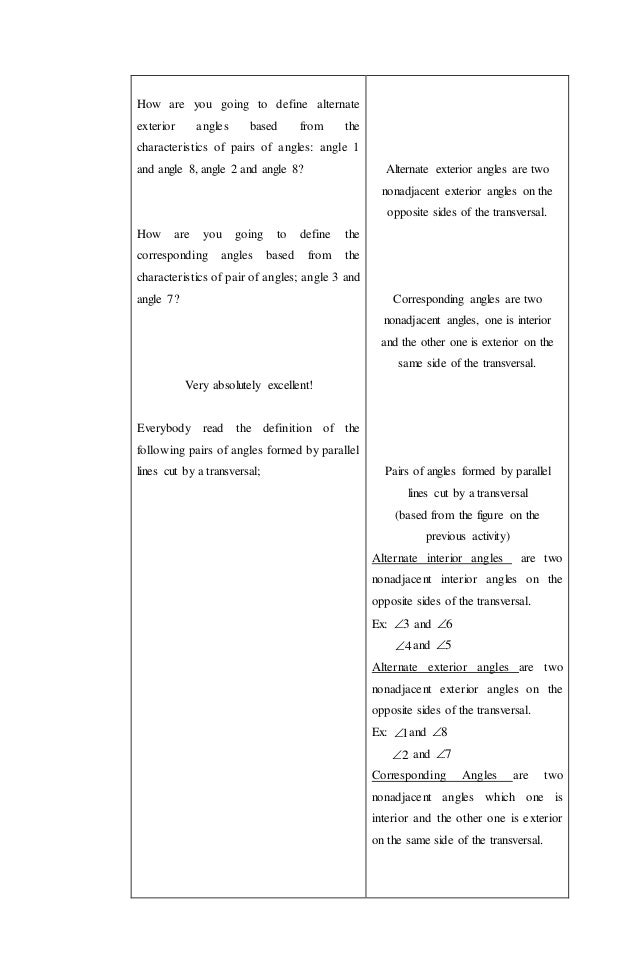 Pairs Of Angles Formed By Parallel Lines Cut By A Transversal