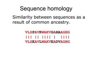 Sequence homology
VLSPAVKWAKVGAHAAGHG
||| || |||| | ||||
VLSEAVLWAKVEADVAGHG
Similarity between sequences as a
result of common ancestry.
 