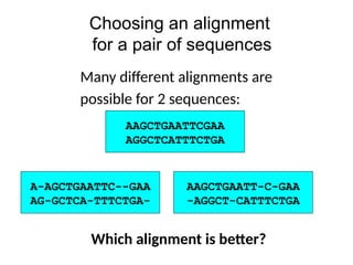Choosing an alignment
for a pair of sequences
AAGCTGAATTCGAA
AGGCTCATTTCTGA
AAGCTGAATT-C-GAA
AGGCT-CATTTCTGA
-
A-AGCTGAATTC--GAA
AG-GCTCA-TTTCTGA-
Which alignment is better?
Many different alignments are
possible for 2 sequences:
 