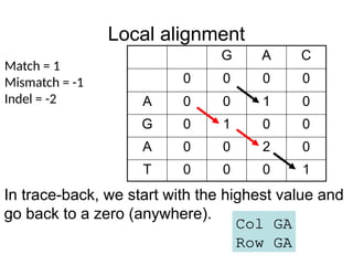 Local alignment
G A C
0 0 0 0
A 0 0 1 0
G 0 1 0 0
A 0 0 2 0
T 0 0 0 1
Match = 1
Mismatch = -1
Indel = -2
In trace-back, we start with the highest value and
go back to a zero (anywhere).
Col GA
Row GA
 