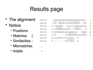 Results page
• The alignment
• Notice
– Positions
– Matches |
– Similarities :
– Mismatches .
– Indels -
 