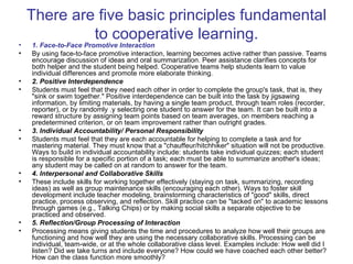 There are five basic principles fundamental
             to cooperative learning.
•   1. Face-to-Face Promotive Interaction
•   By using face-to-face promotive interaction, learning becomes active rather than passive. Teams
    encourage discussion of ideas and oral summarization. Peer assistance clarifies concepts for
    both helper and the student being helped. Cooperative teams help students learn to value
    individual differences and promote more elaborate thinking.
•   2. Positive Interdependence
•   Students must feel that they need each other in order to complete the group's task, that is, they
    "sink or swim together." Positive interdependence can be built into the task by jigsawing
    information, by limiting materials, by having a single team product, through team roles (recorder,
    reporter), or by randomly .y selecting one student to answer for the team. It can be built into a
    reward structure by assigning team points based on team averages, on members reaching a
    predetermined criterion, or on team improvement rather than outright grades.
•   3. Individual Accountability/ Personal Responsibility
•   Students must feel that they are each accountable for helping to complete a task and for
    mastering material. They must know that a "chauffeur/hitchhiker" situation will not be productive.
    Ways to build in individual accountability include: students take individual quizzes; each student
    is responsible for a specific portion of a task; each must be able to summarize another's ideas;
    any student may be called on at random to answer for the team.
•   4. Interpersonal and Collaborative Skills
•   These include skills for working together effectively (staying on task, summarizing, recording
    ideas) as well as group maintenance skills (encouraging each other). Ways to foster skill
    development include teacher modeling, brainstorming characteristics of "good" skills, direct
    practice, process observing, and reflection. Skill practice can be "tacked on" to academic lessons
    through games (e.g., Talking Chips) or by making social skills a separate objective to be
    practiced and observed.
•   5. Reflection/Group Processing of Interaction
•   Processing means giving students the time and procedures to analyze how well their groups are
    functioning and how well they are using the necessary collaborative skills. Processing can be
    individual, team-wide, or at the whole collaborative class level. Examples include: How well did I
    listen? Did we take turns and include everyone? How could we have coached each other better?
    How can the class function more smoothly?
 
