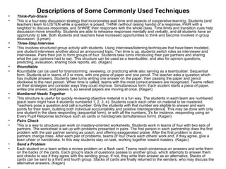 Descriptions of Some Commonly Used Techniques
•   Think-Pair-Share
•   This is a four-step discussion strategy that incorporates wait time and aspects of cooperative learning. Students (and
    teachers) learn to LISTEN while a question is posed, THINK (without raising hands) of a response, PAIR with a
    neighbor to discuss responses, and SHARE their responses with the whole class. Time limits and transition cues help
    discussion move smoothly. Students are able to rehearse responses mentally and verbally, and all students have an
    opportunity to talk. Both students and teachers have increased opportunities to think and become involved in group
    discussion. (Lyman)
•   Three-Step Interview
•   This involves structured group activity with students. Using interviews/listening techniques that have been modeled,
    one student interviews another about an announced topic. "en time is up, students switch roles as interviewer and
    interviewee. Pairs then join to form groups of four. Students take turns introducing their pair partners and sharing
    what the pair partners had to say. This structure can be used as a teambuilder, and also for opinion questions,
    predicting, evaluation, sharing book reports, etc. (Kagan)
•   Roundtable
•   Roundtable can be used for brainstorming, reviewing, or practicing while also serving as a teambuilder. Sequential
    form: Students sit in teams of 3 or more, with one piece of paper and one pencil. The teacher asks a question which
    has multiple answers. Students take turns writing one answer on the paper, then passing the paper and pencil
    clockwise to the next person. When time is called, teams with the most correct answers are recognized. Teams reflect
    on their strategies and consider ways they could improve. Simultaneous form: Each student starts a piece of paper,
    writes one answer, and passes it, so several papers are moving at once. (Kagan)
•   Numbered Heads Together
•   This structure is useful for quickly reviewing objective material in a fun way. The students in each team are numbered
    (each team might have 4 students numbered 1, 2, 3, 4). Students coach each other on material to be mastered.
    Teachers pose a question and call a number. Only the students with that number are eligible to answer and earn
    points for their team, building both individual accountability and positive interdependence. This may be done with only
    one student in the class responding (sequential form), or with all the numbers, 3's for instance, responding using an
    Every Pupil Response technique such as cards or handsignals (simultaneous form). (Kagan)
•   Pairs Check
•   This is a way to structure pair work on mastery-oriented worksheets. Students work in teams of four with two sets of
    partners. The worksheet is set up with problems presented in pairs. The first person in each partnership does the first
    problem with the pair partner serving as coach, and offering exaggerated praise. After the first problem is done,
    partners change roles. After each pair of problems, teams of four check each others' work and, if they agree, give a
    team cheer or handshake. In this way students stay on task, working together toward mastery. (Kagan)
•   Send a Problem
•   Each student on a team writes a review problem on a flash card. Teams reach consensus on answers and write them
    on the backs of the cards. Each group's stack of questions passes to another group, which attempts to answer them
    and checks to see if they agree with the sending group. If not, they write their answer as an alternative. Stacks of
    cards can be sent to a third and fourth group. Stacks of cards are finally returned to the senders, who may discuss the
    alternative answers. (Kagan)
•
 