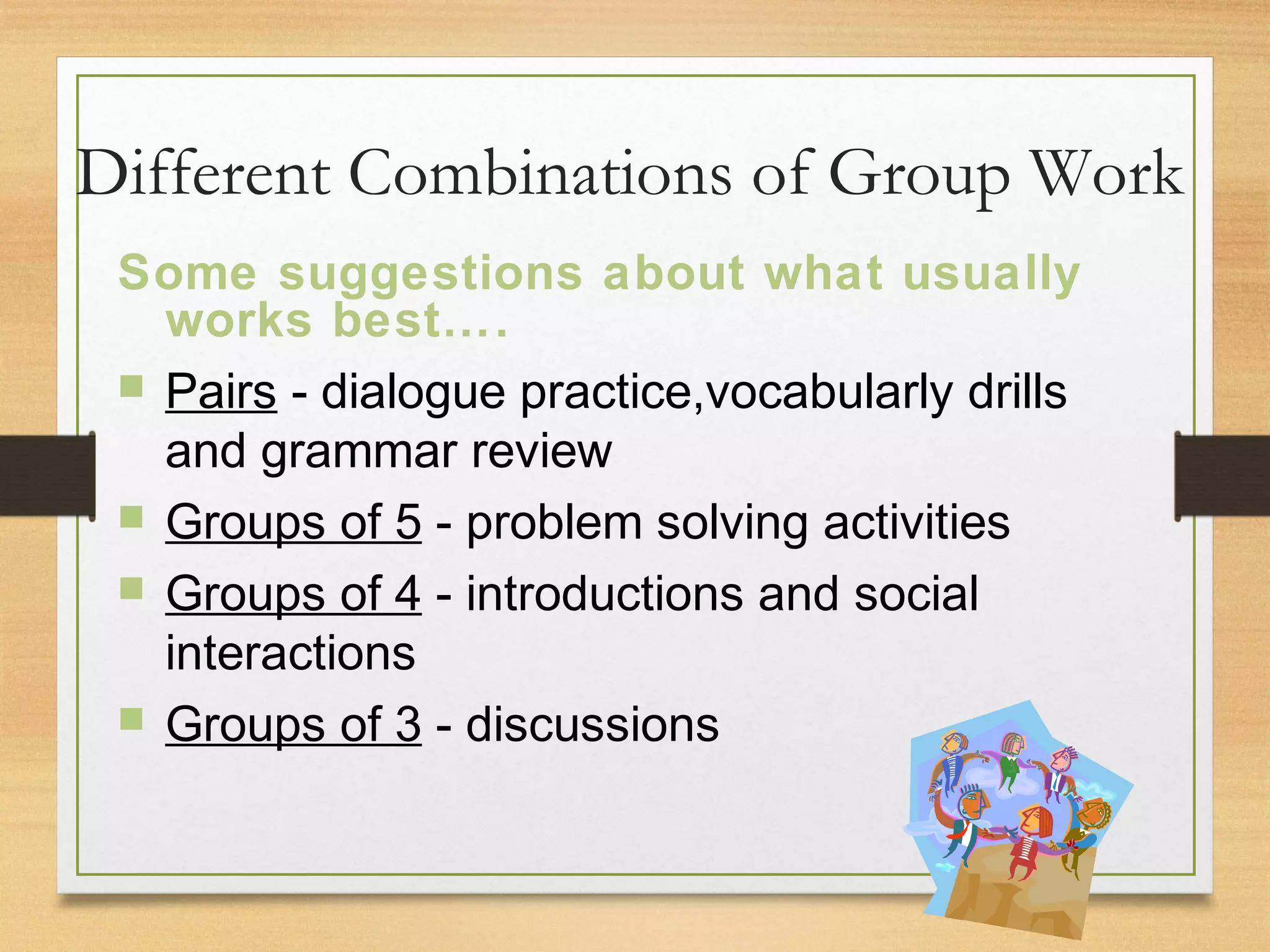 Different Combinations of Group Work
Some suggestions about what usually
works best….
 Pairs - dialogue practice,vocabularly drills
and grammar review
 Groups of 5 - problem solving activities
 Groups of 4 - introductions and social
interactions
 Groups of 3 - discussions
 