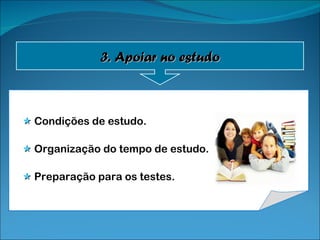    Condições  de estudo.    Organização  do tempo de estudo.    Preparação  para os testes. 3. Apoiar no estudo 