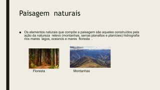 Paisagem naturais
■ Os elementos naturais que compõe a paisagem são aqueles construídos pela
ação da natureza relevo (montanhas, serras planaltos e planícies) hidrografia
rios mares lagos, oceanos e mares floresta .
Floresta Montanhas
 