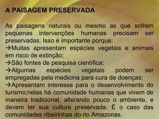 A PAISAGEM PRESERVADA
As paisagens naturais ou mesmo as que sofrem
pequenas intervenções humanas precisam ser
preservadas. Isso é importante porque:
Muitas apresentam espécies vegetais e animais
em risco de extinção;
São fontes de pesquisa científica;
Algumas
espécies
vegetais
podem
ser
empregadas pela medicina para cura de doenças;
Apresentam interesse para o desenvolvimento do
turismo;nelas há comunidade humanas que vivem de
maneira tradicional, alterando pouco o ambiente, e
devem ter sua cultura preservada. É o caso das
comunidades ribeirinhas do rio Amazonas.

 