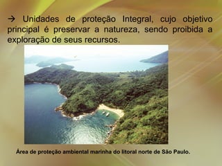  Unidades de proteção Integral, cujo objetivo
principal é preservar a natureza, sendo proibida a
exploração de seus recursos.

Área de proteção ambiental marinha do litoral norte de São Paulo.

 