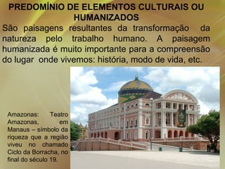 PREDOMÍNIO DE ELEMENTOS CULTURAIS OU
HUMANIZADOS
São paisagens resultantes da transformação da
natureza pelo trabalho humano. A paisagem
humanizada é muito importante para a compreensão
do lugar onde vivemos: história, modo de vida, etc.

Amazonas:
Teatro
Amazonas,
em
Manaus – símbolo da
riqueza que a região
viveu no chamado
Ciclo da Borracha, no
final do século 19.

 