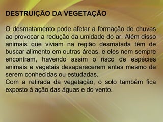 DESTRUIÇÃO DA VEGETAÇÃO
O desmatamento pode afetar a formação de chuvas
ao provocar a redução da umidade do ar. Além disso
animais que viviam na região desmatada têm de
buscar alimento em outras áreas, e eles nem sempre
encontram, havendo assim o risco de espécies
animais e vegetais desaparecerem antes mesmo de
serem conhecidas ou estudadas.
Com a retirada da vegetação, o solo também fica
exposto à ação das águas e do vento.

 