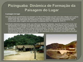 Picinguaba: Dinâmica de Formação da Paisagem do LugarA paisagem do lugarUma das poucas características da paisagem da Vila de Picinguaba que tem uma clara relação com a cultura caiçara local são os ranchos de pesca e as canoas que ocupam a área mais próxima à linha da maré. Como vimos, tais edificações são posteriores à data de abertura do processo de tombamento, fato comprovado pelas imagens dos arquivosdo Condephaat (foto “b”), datada de 1979 (?). A produção artesanal pesqueira atual, que utiliza as referidas instalações, segundo informações locais, tem basicamente como clientela os turistas da região, Pode-se, desta forma, considerar que a presença de tais elementos na paisagem local são indicadores de uma identidade cultural que de alguma forma vem logrando se adaptar a um novo contexto sócio-econômico, mas não sem perder boa parte daquelas características aludidas no processo de tombamento. Pode-se então afirmar que as imagens vêm de encontro às afirmações de que as culturas não são estanques e as identidades culturais se apresentam como processo, em constantetransformação.prof. Eduardo Geraldes