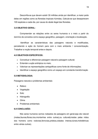 19
Desconfia-se que devam existir 30 milhões ainda por identificar, a maior parte
delas em regiões como as florestas tropicais húmidas, Calcula-se que desaparecem
100 espécies a cada dia, por causa do abate ilegal das florestas.
3.0 OBJETIVO GERAL:
Compreender as relações entre os seres humanos e o meio a partir do
domínio de conceitos como espaço geográfico, paisagem, orientação e localização.
Identificar as características das paisagens naturais e modificadas,
percebendo a ação do homem para com o meio ambiente / conscientização.
Trabalhar a noção temporal antes e depois.
4.0 OBJETIVOS ESPECÍFICOS:
Conceituar e diferenciar paisagem natural e paisagem cultural;
Entender a ação antrópica no meio;
Valorizar as representações cartográficas como fonte de informações;
Identificar o espaço geográfico como um espaço em constante transformação
5.0 METODOLOGIA:
Paisagens naturais e problemas ambientais
Relevo
Vegetação
Solo
Hidrografia
Clima
Problemas ambientais
6.0 CONCLUSÃO:
Nós seres humanos somos rodeados de paisagens em geral,seja ela natural
(matas,faunas,floras,rios,montanhas entre outras),ou cultural(criadas pelas mãos
dos homens como rodovias,ferrovias,prédios,cidades inteiras,túneis,hidrelétricas
entre várias outras).
 