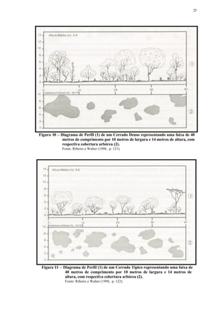 25




Figura 10 – Diagrama de Perfil (1) de um Cerrado Denso representando uma faixa de 40
             metros de comprimento por 10 metros de largura e 14 metros de altura, com
             respectiva cobertura arbórea (2).
            Fonte: Ribeiro e Walter (1998, p. 121).




 Figura 11 – Diagrama de Perfil (1) de um Cerrado Típico representando uma faixa de
              40 metros de comprimento por 10 metros de largura e 14 metros de
              altura, com respectiva cobertura arbórea (2).
              Fonte: Ribeiro e Walter (1998, p. 122).
 