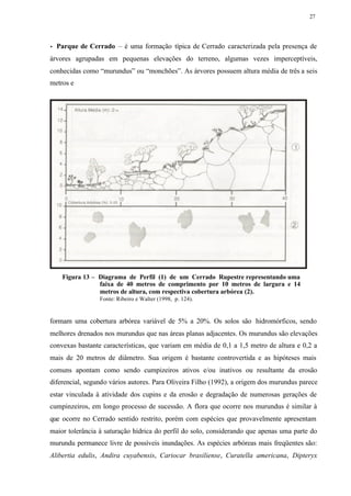 27




• Parque de Cerrado – é uma formação típica de Cerrado caracterizada pela presença de
árvores agrupadas em pequenas elevações do terreno, algumas vezes imperceptíveis,
conhecidas como “murundus” ou “monchões”. As árvores possuem altura média de três a seis
metros e




    Figura 13 – Diagrama de Perfil (1) de um Cerrado Rupestre representando uma
                faixa de 40 metros de comprimento por 10 metros de largura e 14
                metros de altura, com respectiva cobertura arbórea (2).
                 Fonte: Ribeiro e Walter (1998, p. 124).


formam uma cobertura arbórea variável de 5% a 20%. Os solos são hidromórficos, sendo
melhores drenados nos murundus que nas áreas planas adjacentes. Os murundus são elevações
convexas bastante características, que variam em média de 0,1 a 1,5 metro de altura e 0,2 a
mais de 20 metros de diâmetro. Sua origem é bastante controvertida e as hipóteses mais
comuns apontam como sendo cumpizeiros ativos e/ou inativos ou resultante da erosão
diferencial, segundo vários autores. Para Oliveira Filho (1992), a origem dos murundus parece
estar vinculada à atividade dos cupins e da erosão e degradação de numerosas gerações de
cumpinzeiros, em longo processo de sucessão. A flora que ocorre nos murundus é similar à
que ocorre no Cerrado sentido restrito, porém com espécies que provavelmente apresentam
maior tolerância à saturação hídrica do perfil do solo, considerando que apenas uma parte do
murundu permanece livre de possíveis inundações. As espécies arbóreas mais freqüentes são:
Alibertia edulis, Andira cuyabensis, Cariocar brasiliense, Curatella americana, Dipteryx
 